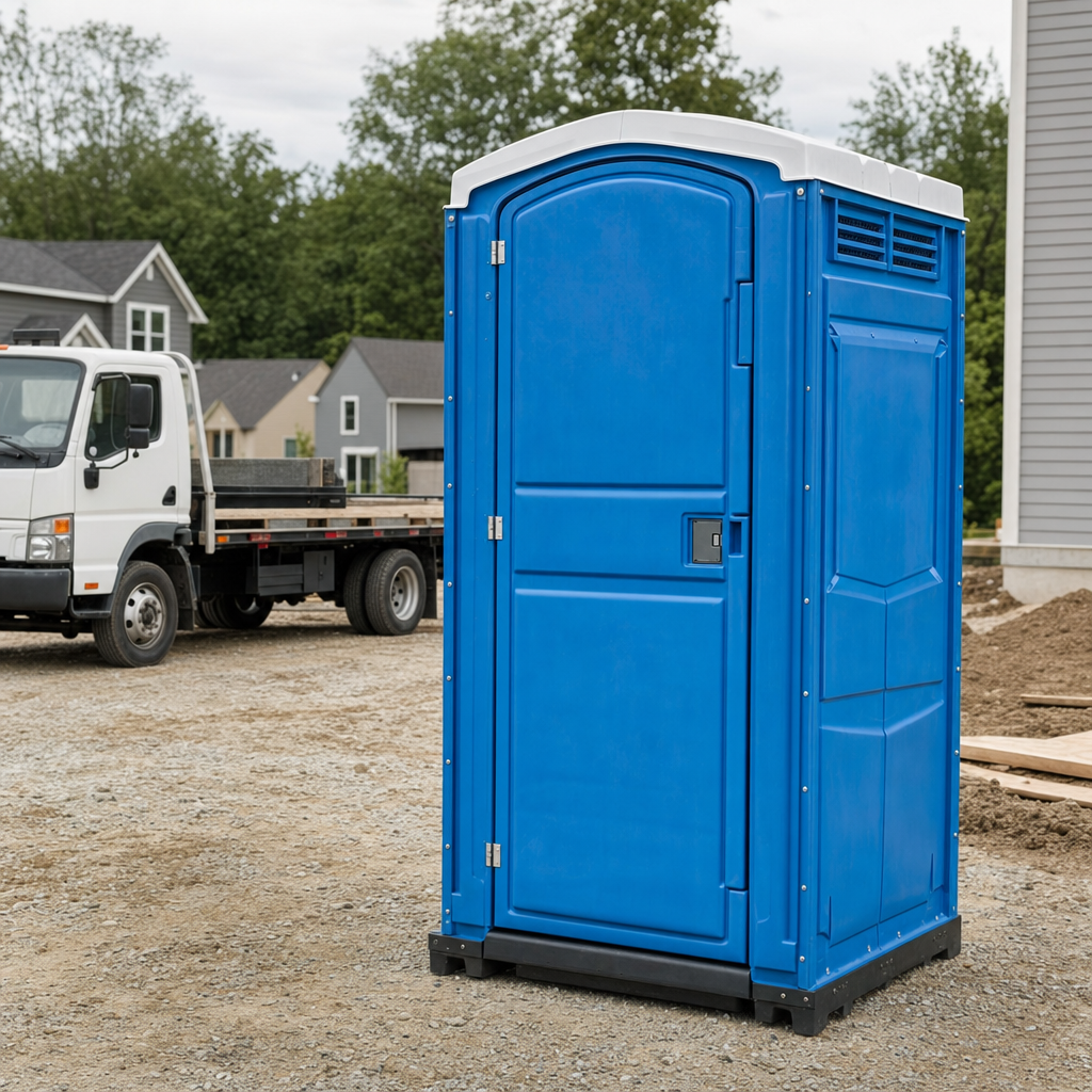 Delivery driver positioning a clean royal-blue portable toilet on level ground at a Stockton worksite