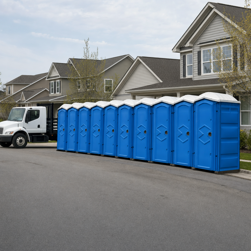 Royal blue portable toilets staged in a tidy row at a Stockton jobsite, ready for delivery